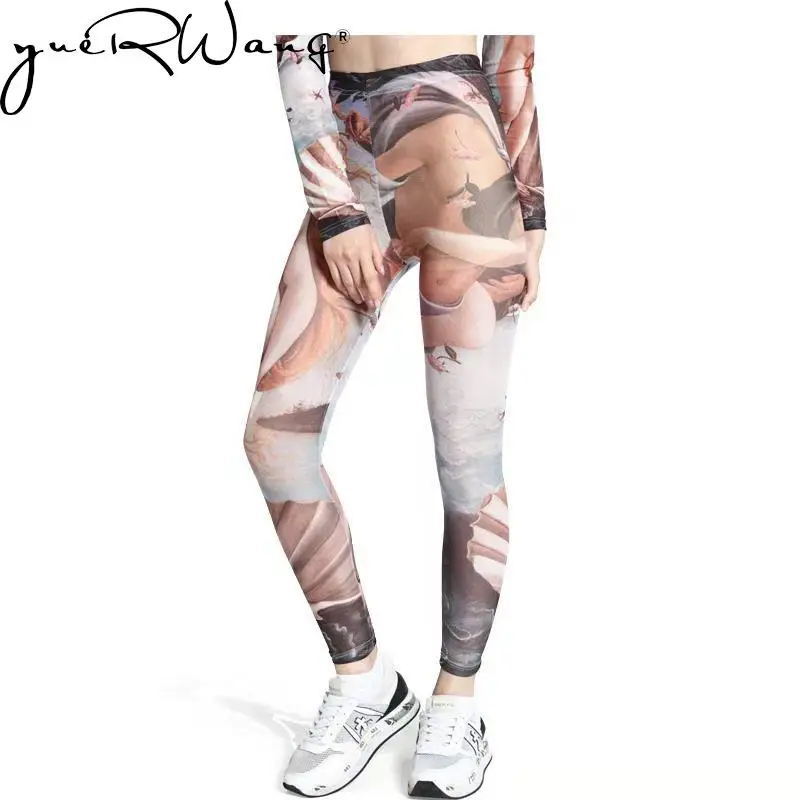 

Yuerwang Women Leggings Pants Mesh print sexy High Waist Elastic Slim Fitness Girls Jogging Pants Printed Gym Clothing spring
