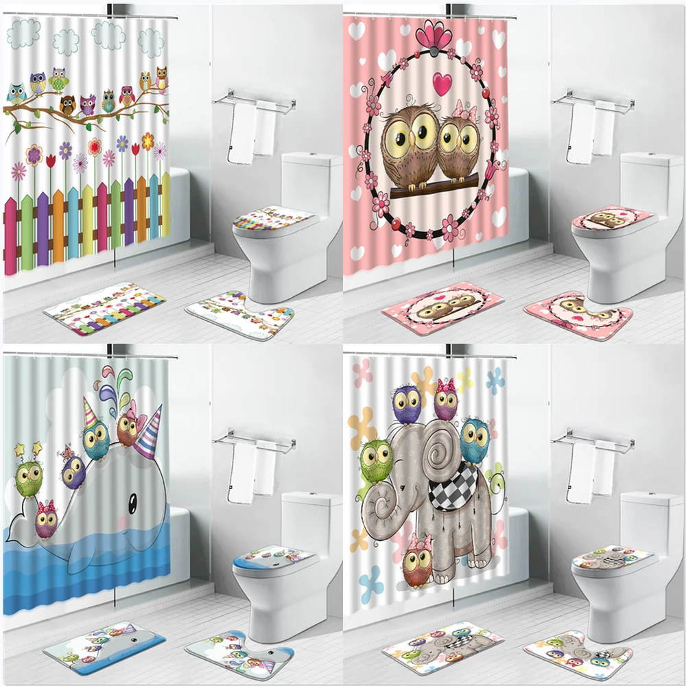 

Cartoon Animal Owl Elephant Whale Flower Shower Curtain Set Unicorn Non-Slip Rug Toilet Lid Cover Bath Mat Kid Bathroom Curtains