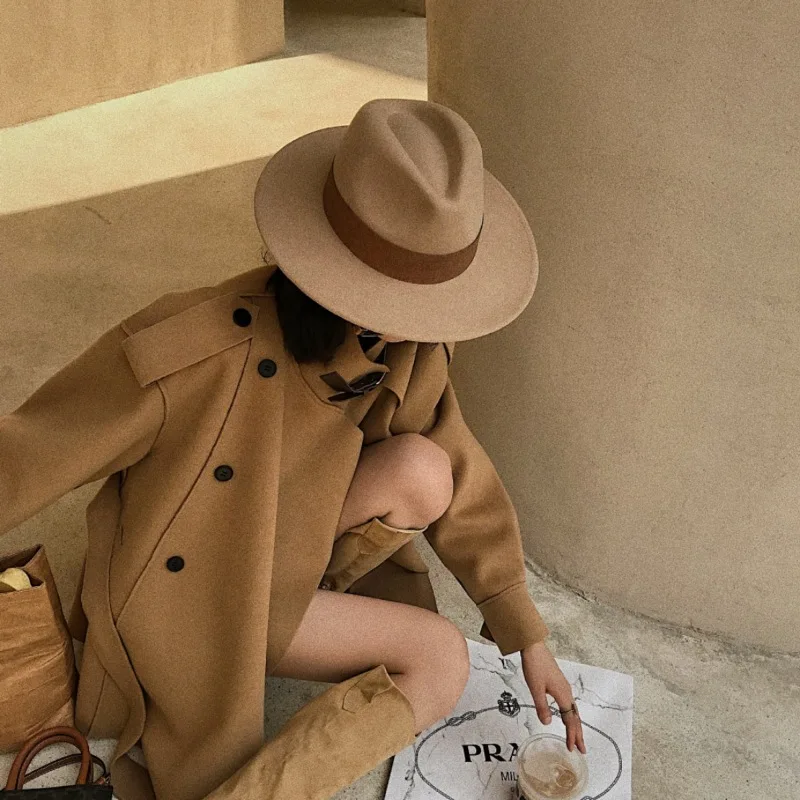 

202101-panshi-moka spring winter solid grace Mocha colour wool fedoras hat cap men women leisure hat