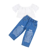 opperiaya baby girls two piece clothes casual set white boat neck short sleeve tops and blue solid color jeans with broken holes
