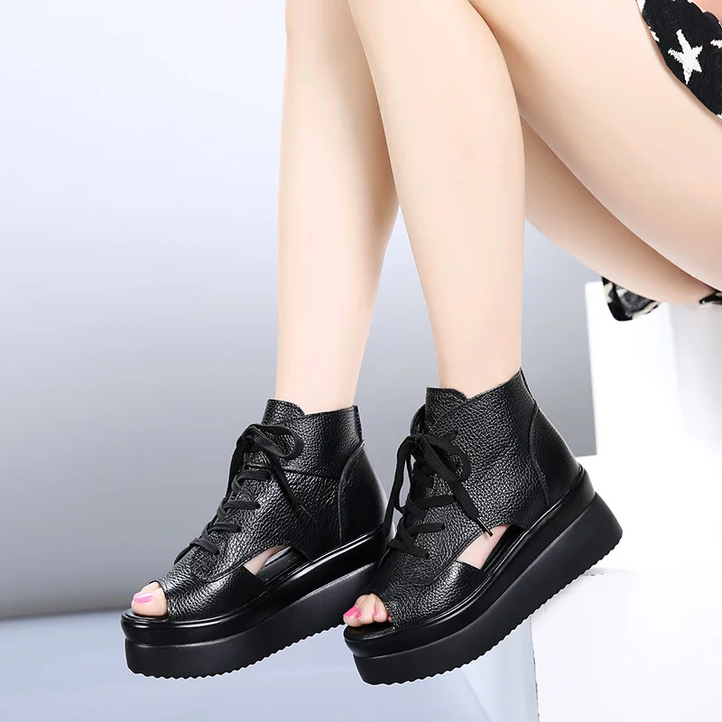 

Summer new leather sandals, the first layer of leather, thick-soled fish mouth platform shoes, wedge heel women's sandals