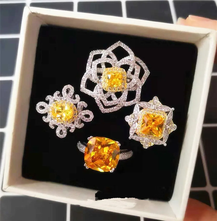 Полое желтое квадратное циркониевое кольцо на палец с солнечным цветком Круглый