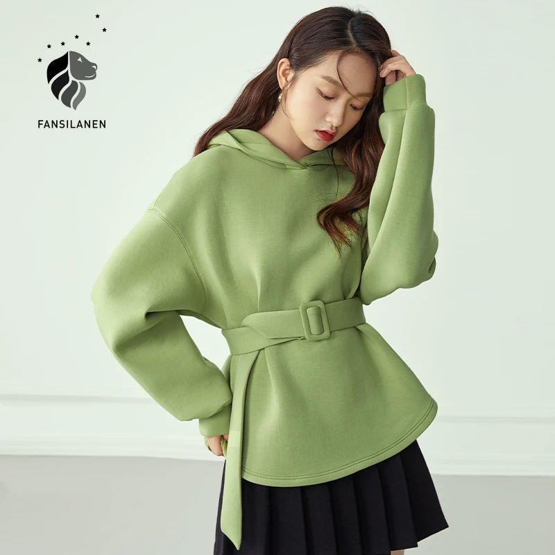 

FANSILANEN Casual Streetwear Green Hoodie Sweatshirt Women Belt Black Oversized Hoodies Top Female Long Sleeve Winter Sweatshirt