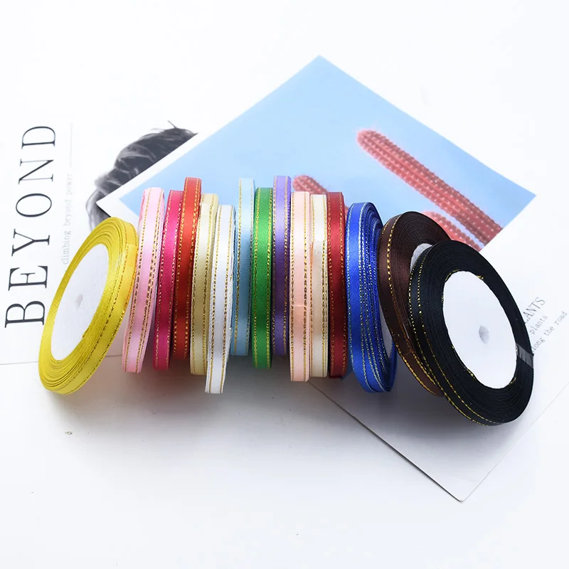 25 ярдов 6 мм шелковый атлас Золотой обод ленты искусство поделки на Рождество