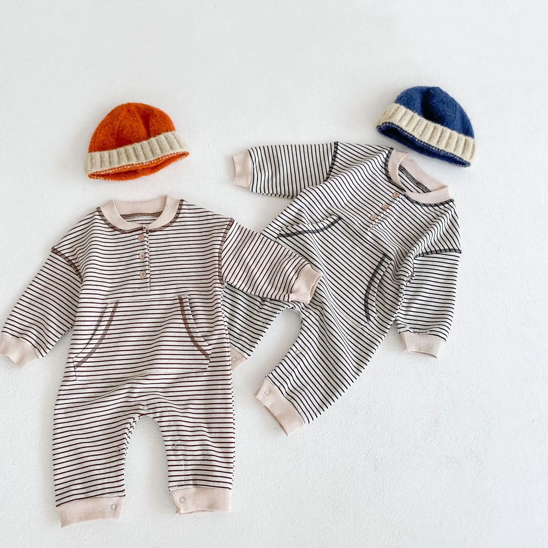 

Осень 2022, Одежда для новорожденных, комбинезон в полоску, комбинезон с большими карманами и длинными рукавами для маленьких девочек и мален...