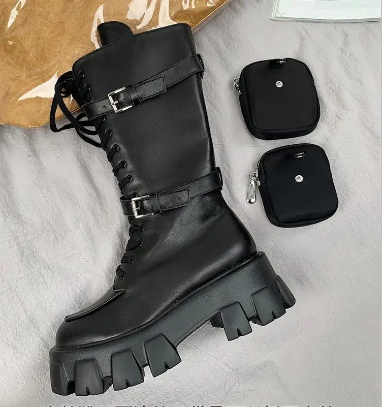 Мотоциклетные ботинки на платформе; женские кожаные ботинки; Bota Feminina; зимние ботинки; Botas Mujer; ботинки до середины икры на шнуровке; Botines Mujer; коллекция года; Zapatos De Mujer