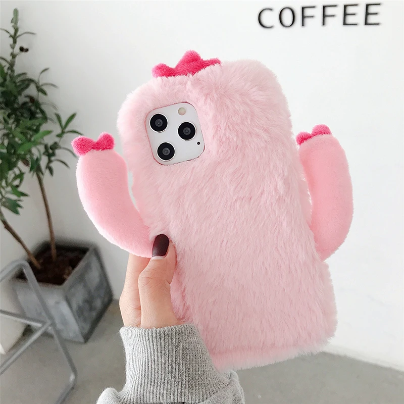 

Furry Winter Plush Cactus Phone Case For IPhone 11 12 Pro Max 12 Mini 11Pro X 6 6s 7 8 Plus XR XS Max 5s Plush Warm Fur Cover