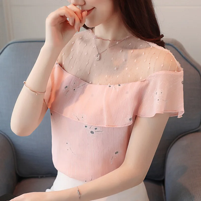 Корейская мода шифоновые блузки женские кружевные лоскутные рубашки топы