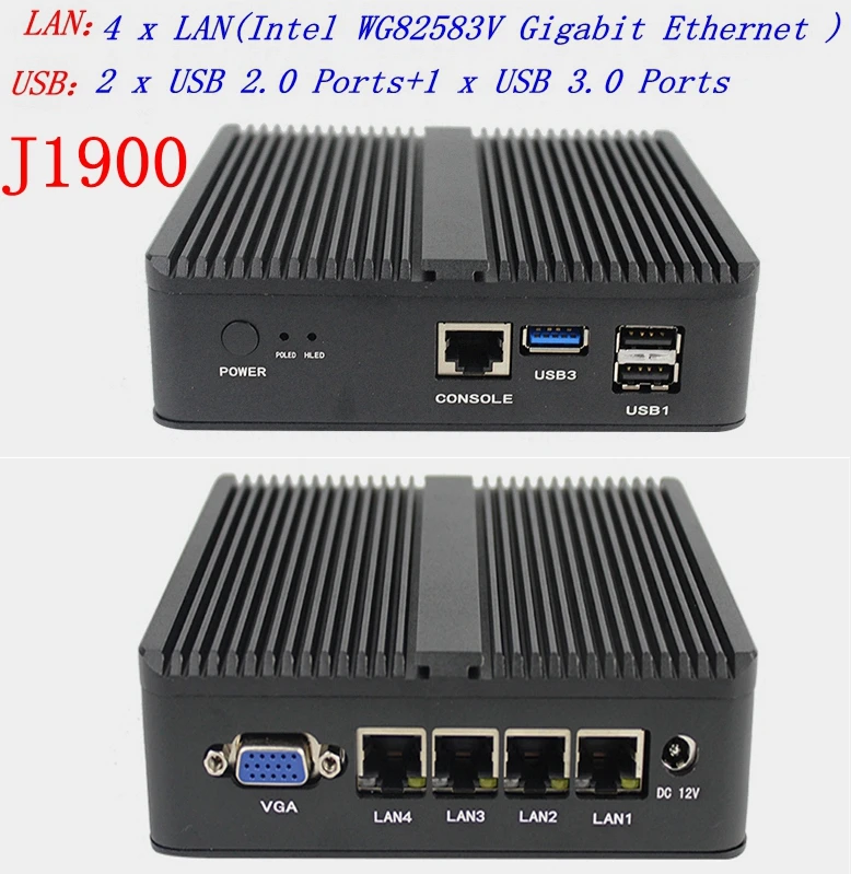 Firewall Mini PC No fan J1900 Quad Core 2.0GHz 4*Gigabit Lan Pfsense Router Security Computer RJ45 COM 1*HDMI 1*VGA