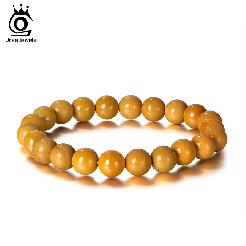 

ORSA JEWELS Yellow Mookaite Bracelet for Women Men Natural Stone Bracelet Elastic 8mm Round Beads Buddha Beads Bracelet GMB23