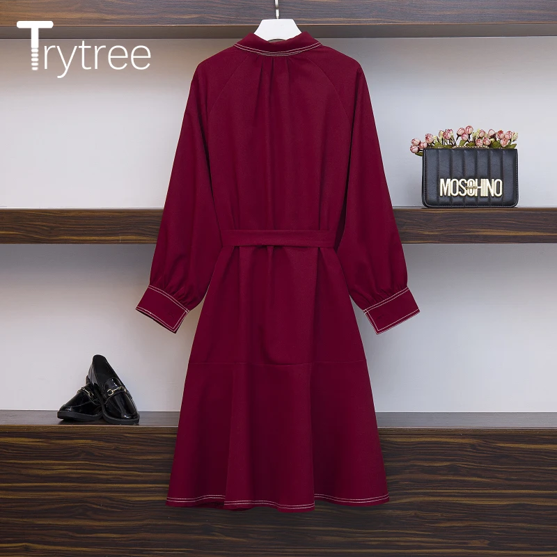 Trytree/осенне-зимние женские повседневные однотонные платья с отложным воротником