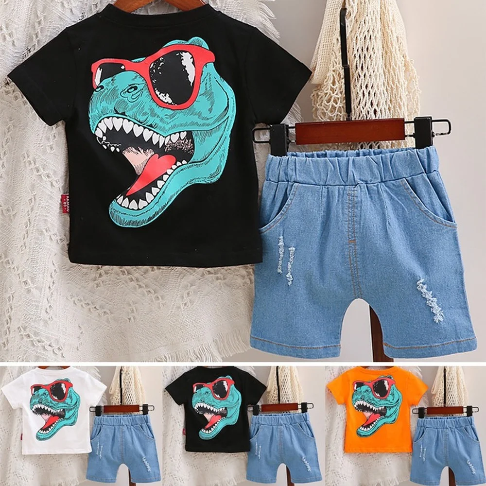 

Kids Tracksuits Clothes Sets Boys Short Sleeve T Shirts Shorts Suits Cotton Dinosaur Printed Summer