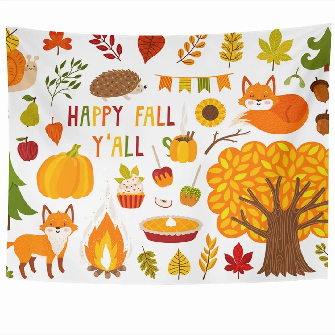 

Thanksgiving Cute Autumn Characters Plants Animals Market Wildlife Fall Nature Pumpkin Tapestries