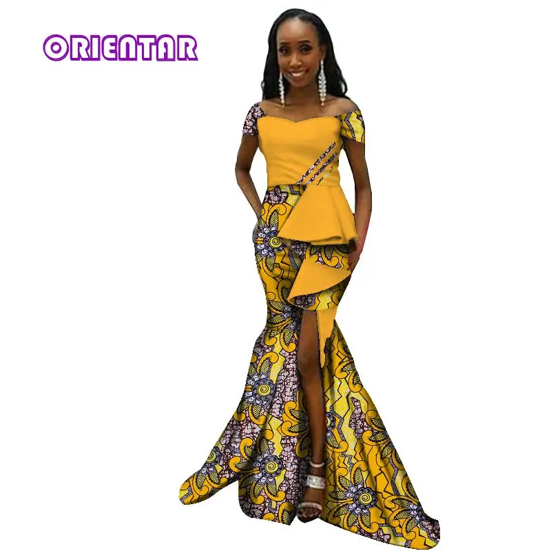 

Fashion African Dresses for Women African Print Dashiki Robe Africaine Off Shoulder Bazin Riche Ankara Split Dress Party WY2901