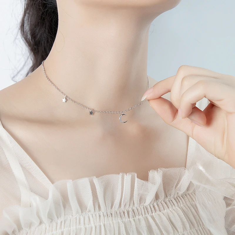 

Cute 925 Sterling Silver Luminous Star Necklace Shiny Zircon Moon Pendant Woman Exquisite Jewelry Birthday Gift Surprise