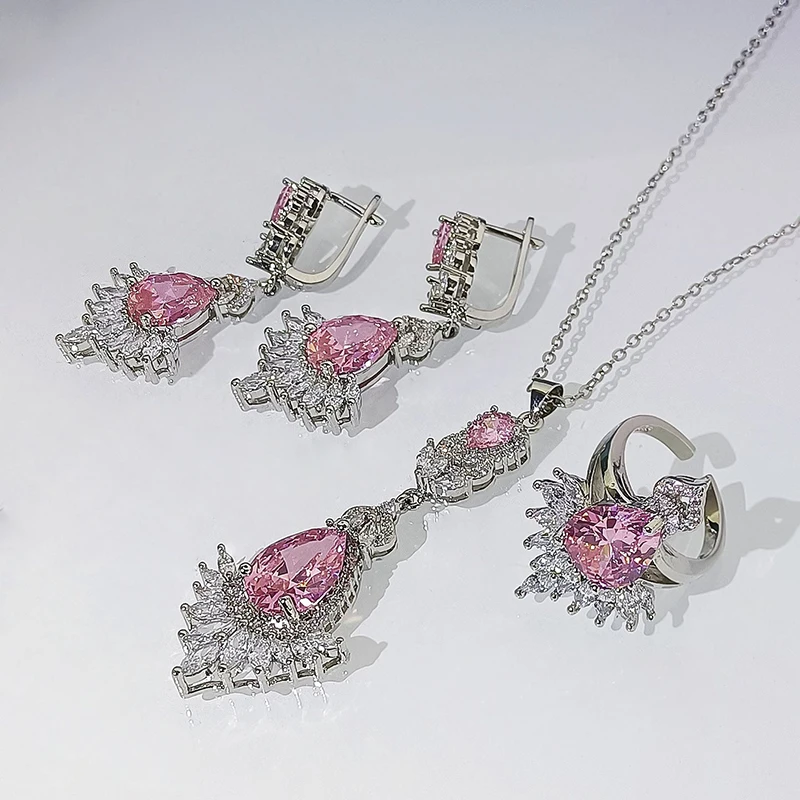 

Unique craftsmanship inlaid drop-shaped necklace earrings ring set luxury noble exaggerated ladies party wedding silver jewelry