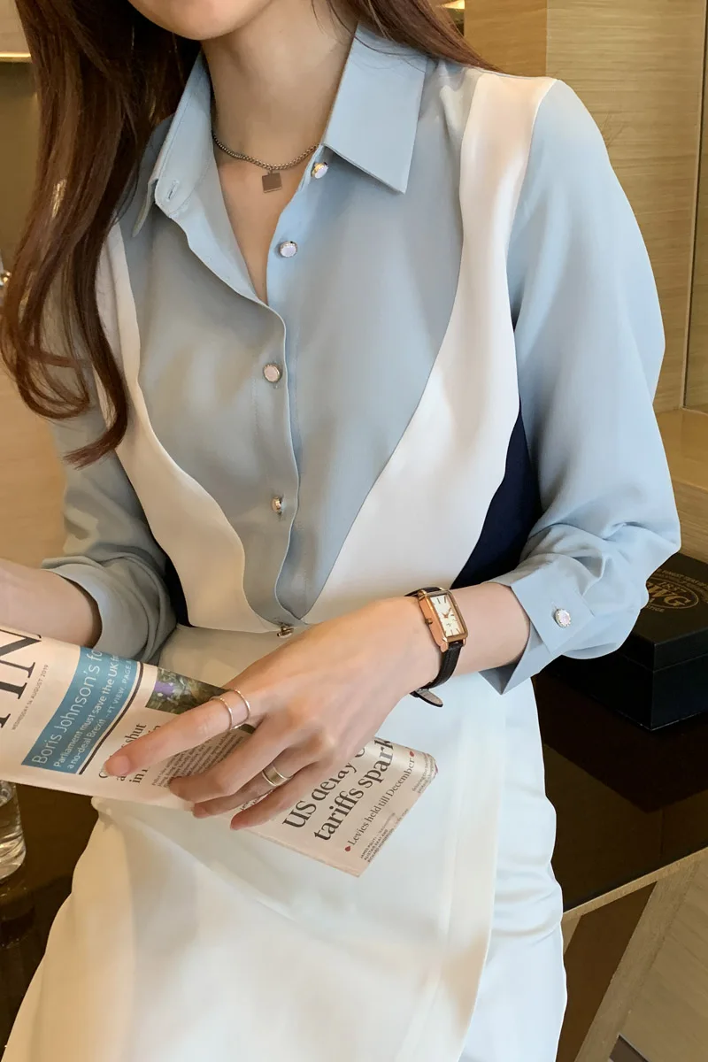 

COIGARSAM Chiffon Shirt Womens tops New Spring Panelled Turn-down Collar Women shirts 6185