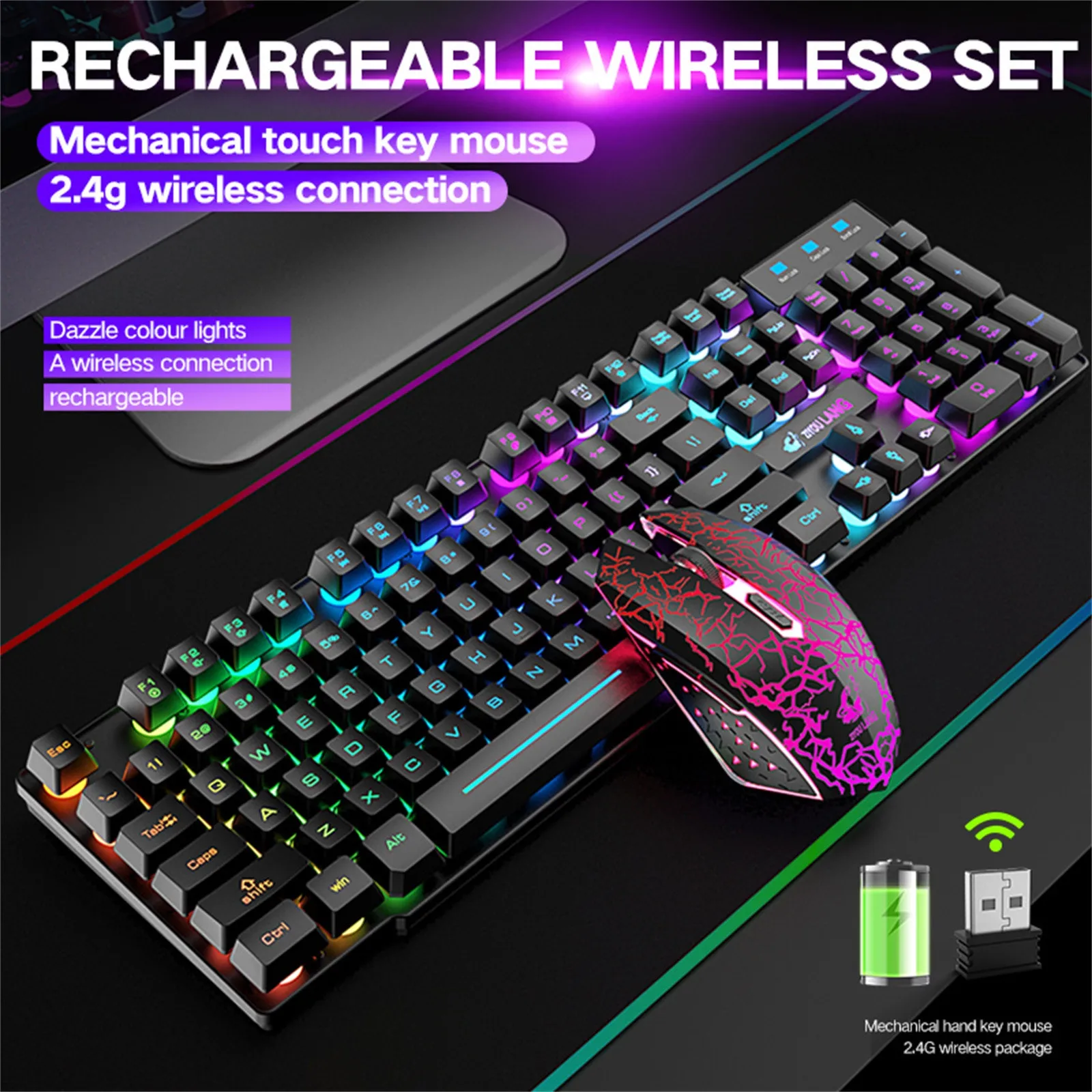 

2022 NEW Wireless Keyboard & Mouse Set Gaming Waterproof Dustproof Rainbow LED Backlight Ergonomic Rechargeablle Keyboard