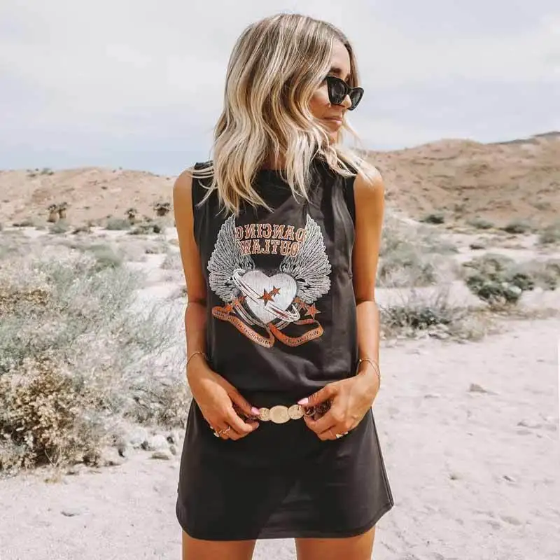 Повседневное женское платье без рукавов богемное ретро в стиле рок с принтом из