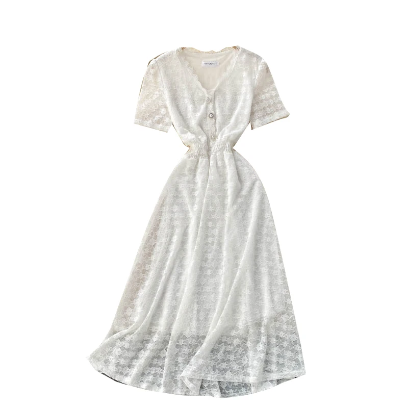 

Gentle Style Women's Lace First Love Skirt Mori Style Sweet Lace V-neck Double-Breasted Waist Slimming French Dress