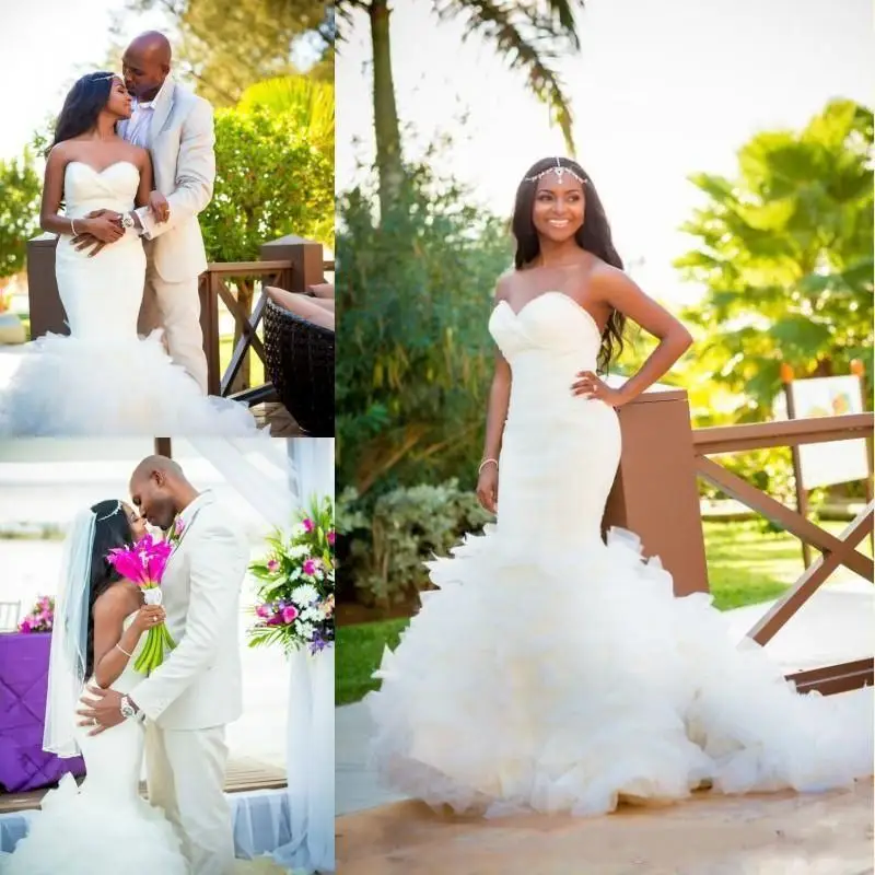 

African Mermaid Dresses Sweetheart Tiered Skirt Organza Sweep Train Ruffles Plus Size Country Wedding Bridal Gown