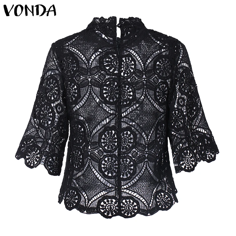 Женские рубашки, женские блузки и топы,, VONDA, Модные женские сексуальные кружевные блузы, женские офисные топы с круглым вырезом, открытая туника