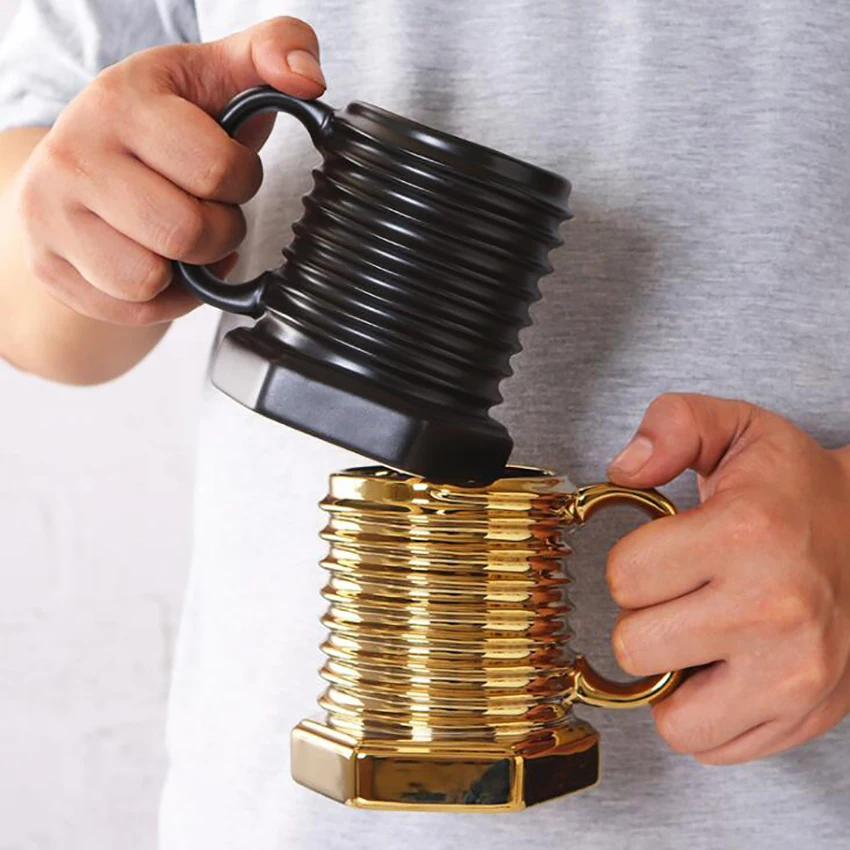 

3D Screw Shape Ceramic Cool Mug Coffee Mugs Porcelain Gift Mug Durable Breakfast Milk Water Cup for Home Office- Black, Gold