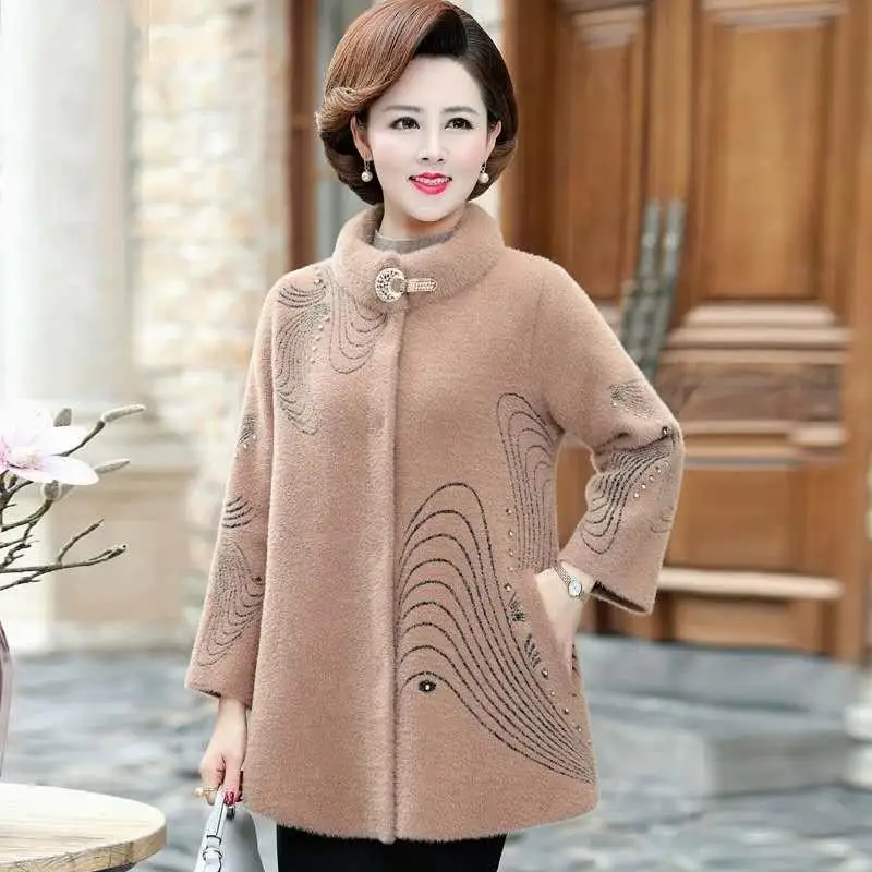 

Women 2021 Winter Middle Aged Mom Imitation Mink Cashmere Comfortable Sweater Cardigans Outwear Lady Warm knit Soft Tops E30