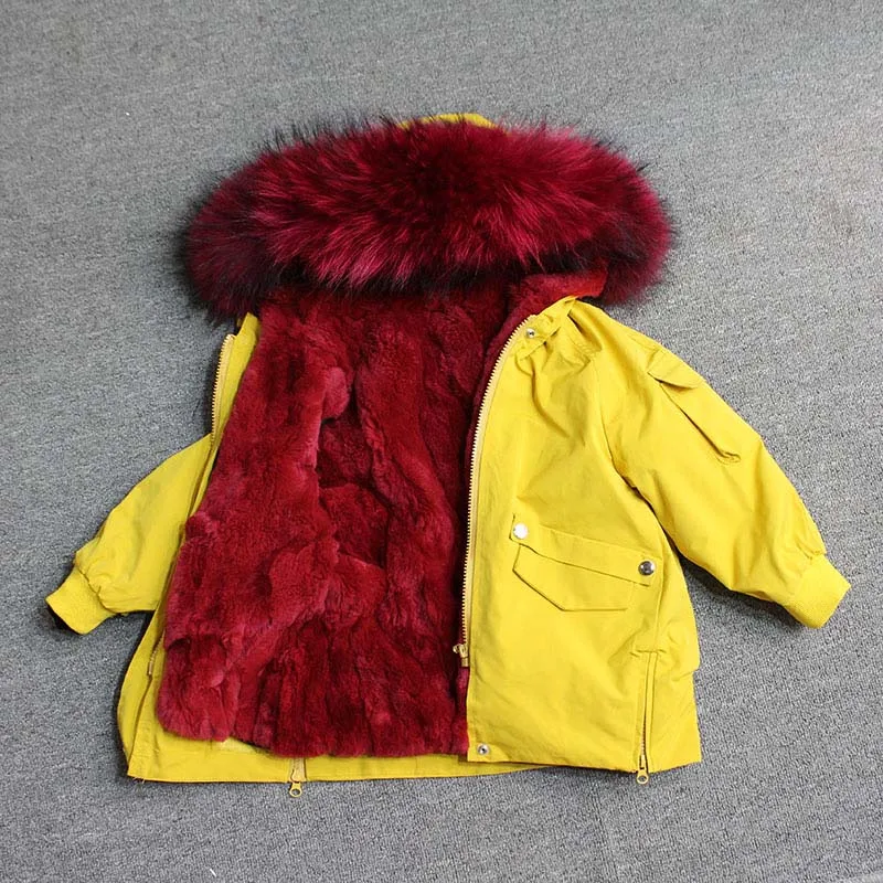 yellow red fur Для маленьких мальчиков детская зимняя куртка, детская куртка-пуховик для девочек зимняя куртка для детей в Зимняя куртка для девочек и мальчиков детские линией натурального меха кролика, парка, пальто - Цвет: yellow red fur