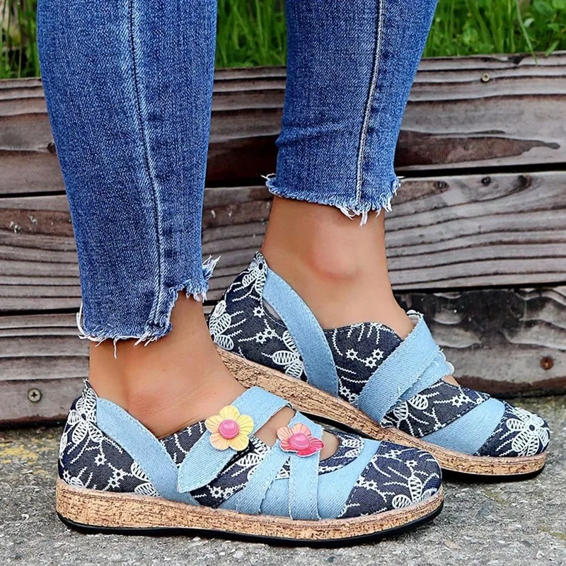 

2021 Spring New Woman Shoes European and American Fashion Flower Leather Combination of Stripes Platform Ladies Shoe Size 31-44
