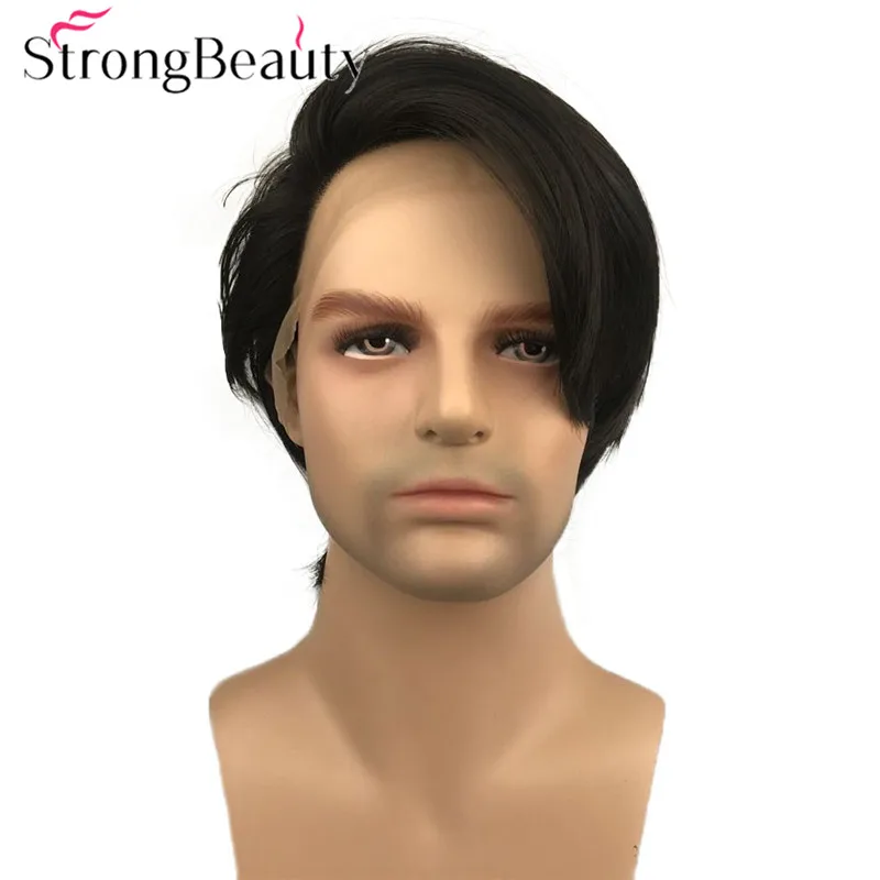 

StrongBeauty прямой мужской парик со шнуровкой спереди, натуральные парики средней длины, черные синтетические волосы