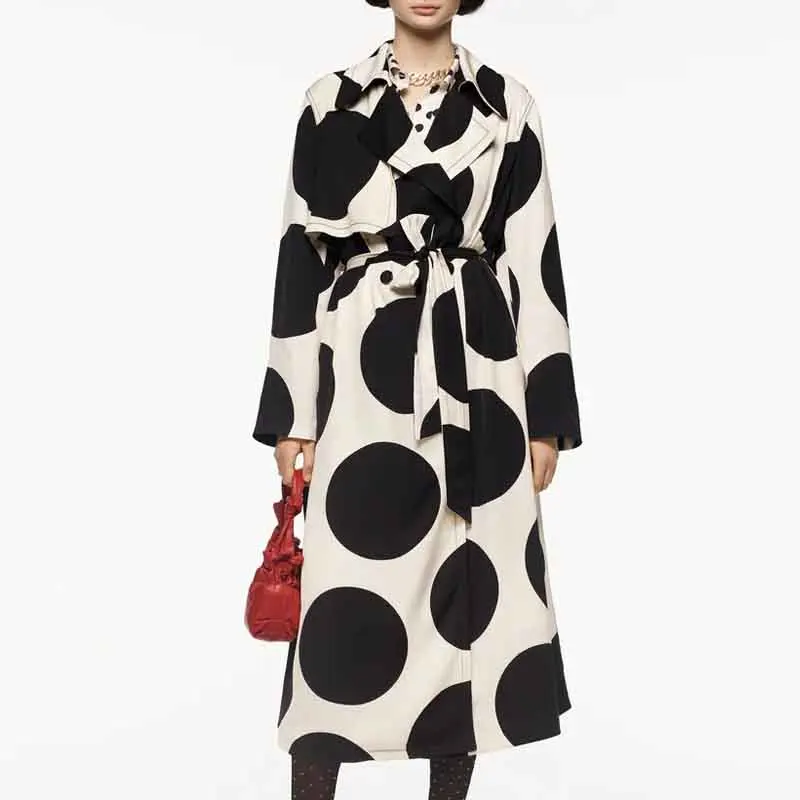 

Тренчкот женский длинный в горошек, с поясом, зимний