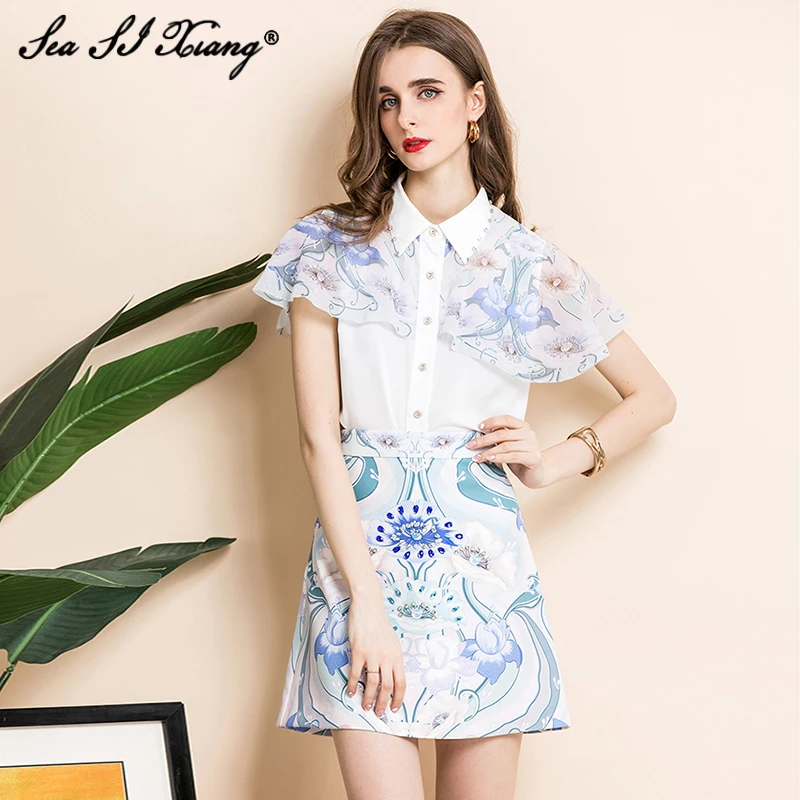 

Seasixiang, модный дизайн, летний костюм для женщин с отложным воротником и рукавами-бабочками; Топ + юбка со стразами Цветочный принт комплект из...