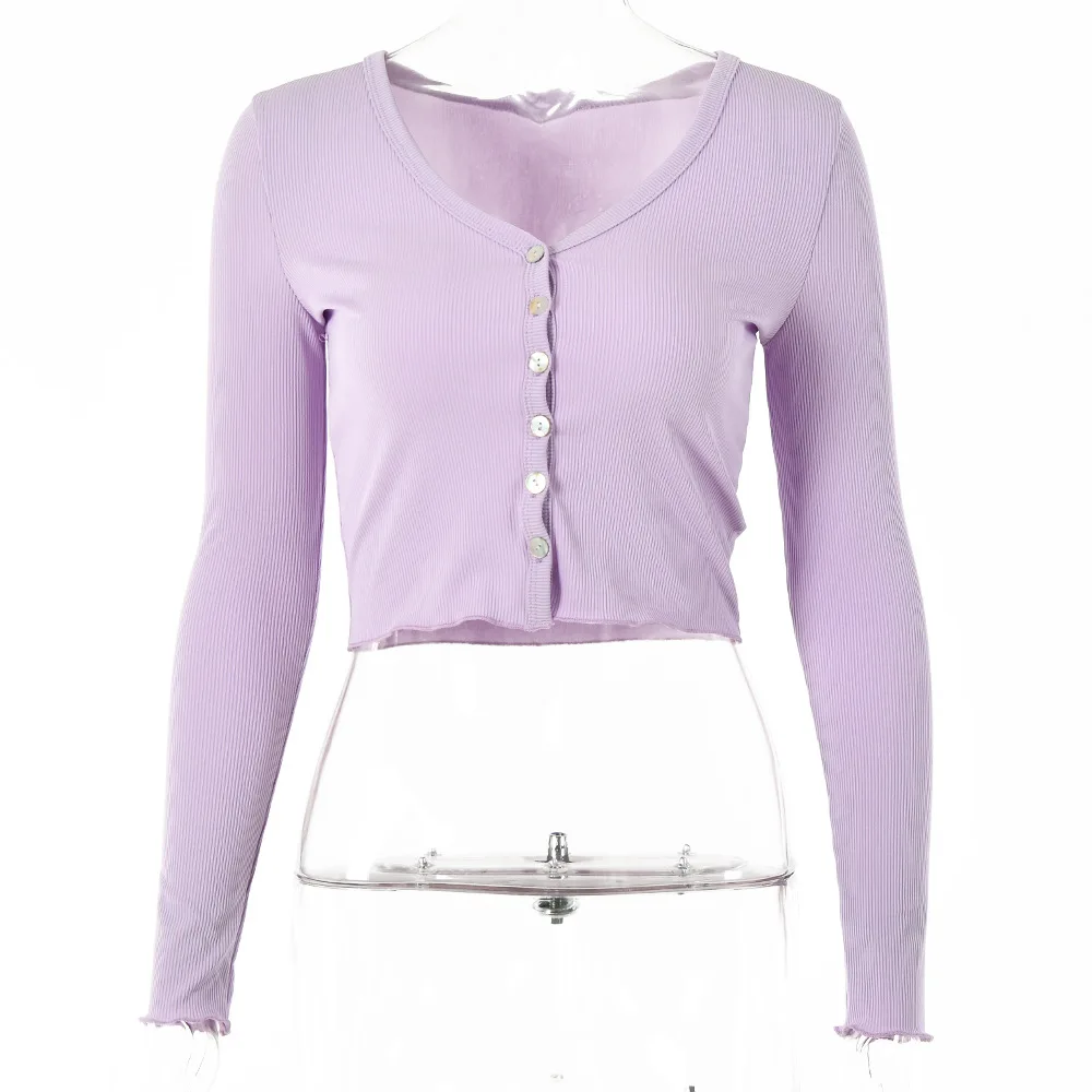 

Women Sexy V-neck Solid Color Bodycon Cropped Tops Buckle Slim Long Sleeve Single Breasted Skinny Knitted Tshirt Casual Cardigan
