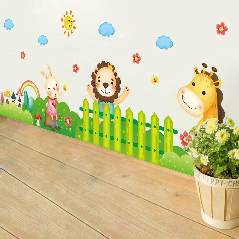 

Happy Animal Wall Stickers for Kids Room Kindergarten Bedroom Living Room Decoration Skirting Line Waterproof PVC Wallpaper
