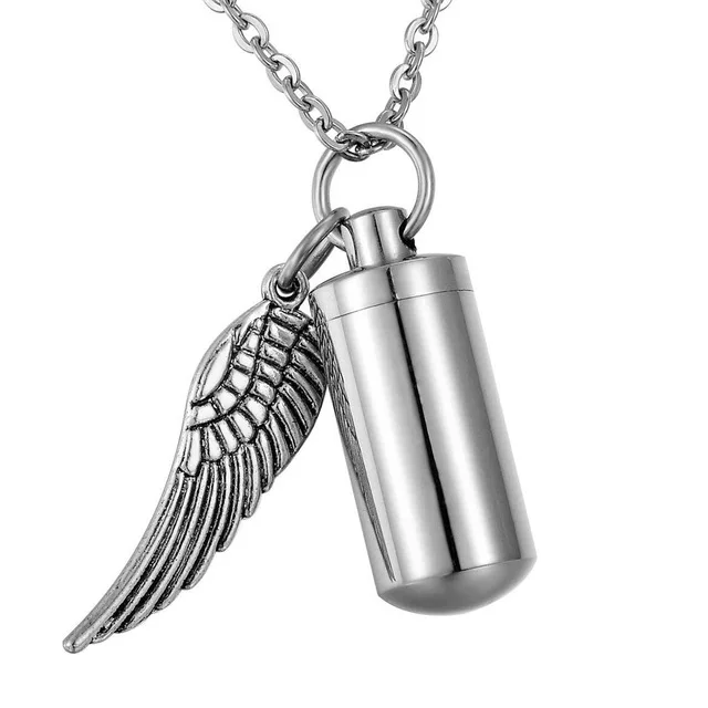 

With Angel Wing Charm Cylinder Stainless Steel Memorial Urn Necklace For Ashes Of Loved One Keepsake Cremation Jewelry