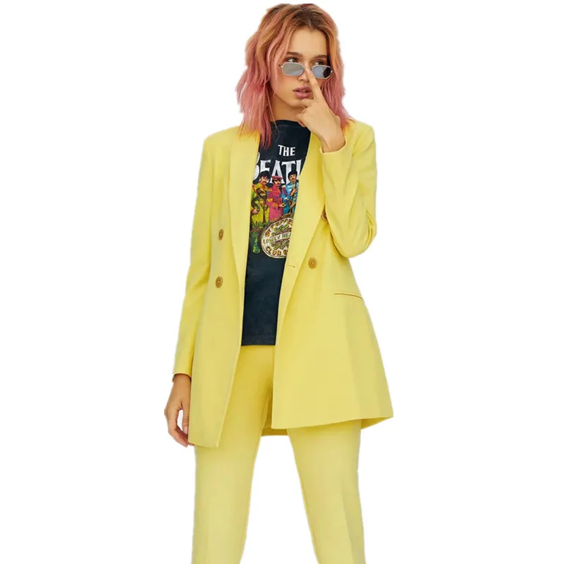 

Blazer spring and autumn new women's suit jacket yellow double-breasted blazer female casual mid-length suit blazer