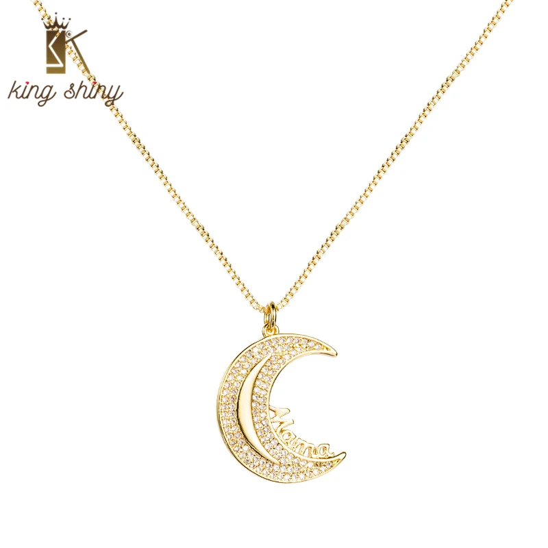 

King Shiny Trendy Gold Color Crescent Moon Necklace Elegant Cz Zirconia Mom Copper Pendant Necklace for Woman Mother's Day Gifts