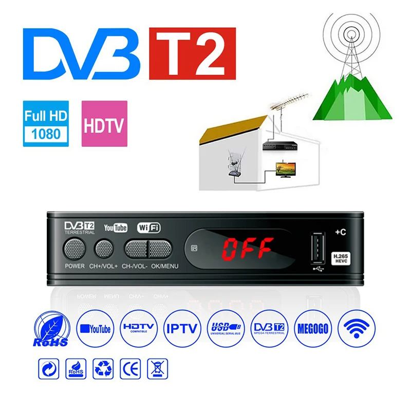 

DVB-T2 тюнер приемник HD 1080P спутниковый декодер тв H2.65 HEVC ТВ тюнер DVB T2 DVB C USB Wifi адаптер для монитора
