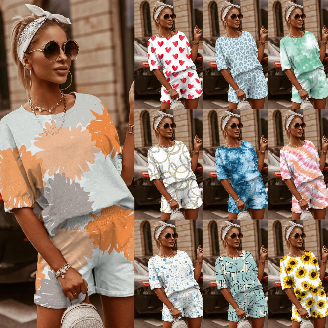 

Women Two Piece Sets 2021 Summer Fashion Print Short Sleeve Tops Homewear Casual O Neck Tee Shirt And Loose Shorts Suits Outfits