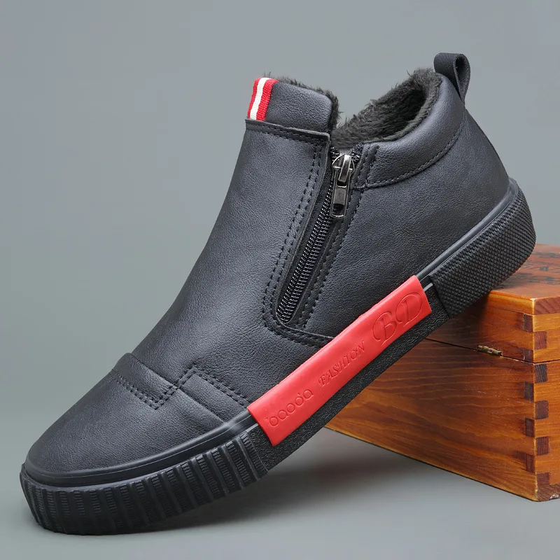 Мужские кожаные ботинки на молнии черные меху с плюшевой подкладкой
