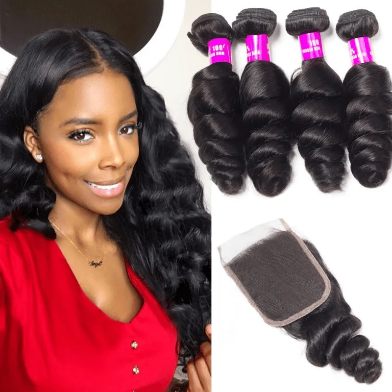 Peruvian Loose Wave With 4*4 Closure 100% Virgin Remy Hair Spring Curly 3 Bundles Ulamaz | Шиньоны и парики