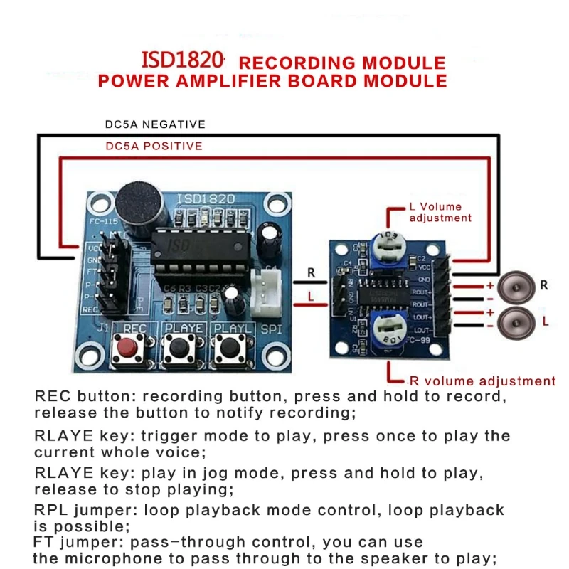 

Voice Recording Module ISD1820 Voice Board Telediphone Module Board With Microphones Loudspeaker U1JE