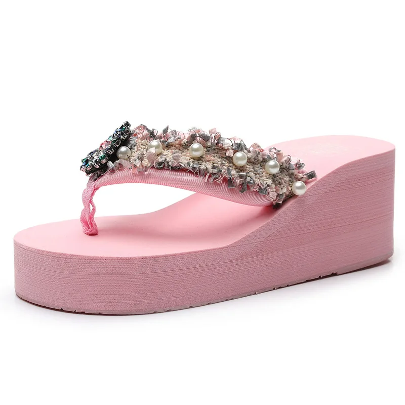 

House Slippers Platform String Bead On A Wedge Flat Shoes Female Slides Summer Clogs Woman Med Rubber Flip Flops Heeled Mules Pa