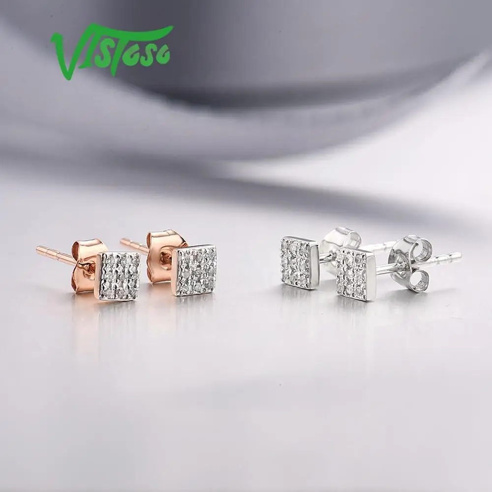 Серьги VISTOSO, золотые, для женщин, 14 K, 585, розовое золото, сверкающие бриллианты, изящные круглые серьги-гвоздики, модные ювелирные изделия