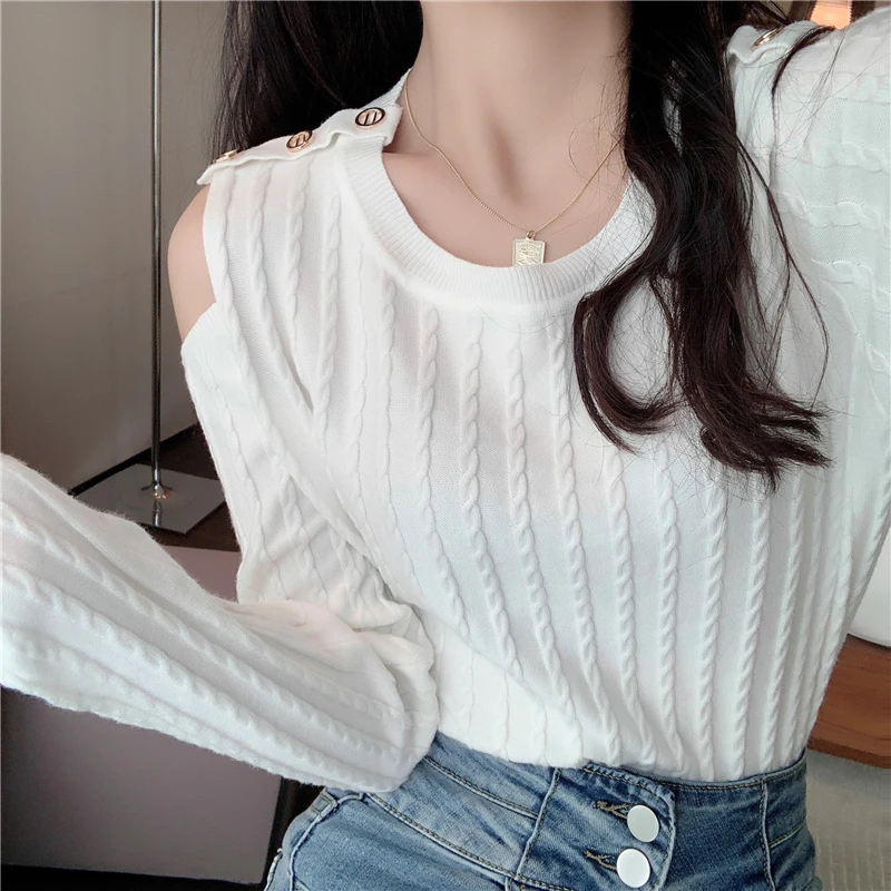 

2020 autumn new products fashion all-match long-sleeved round neck strapless comfortable slimming knit sweater women
