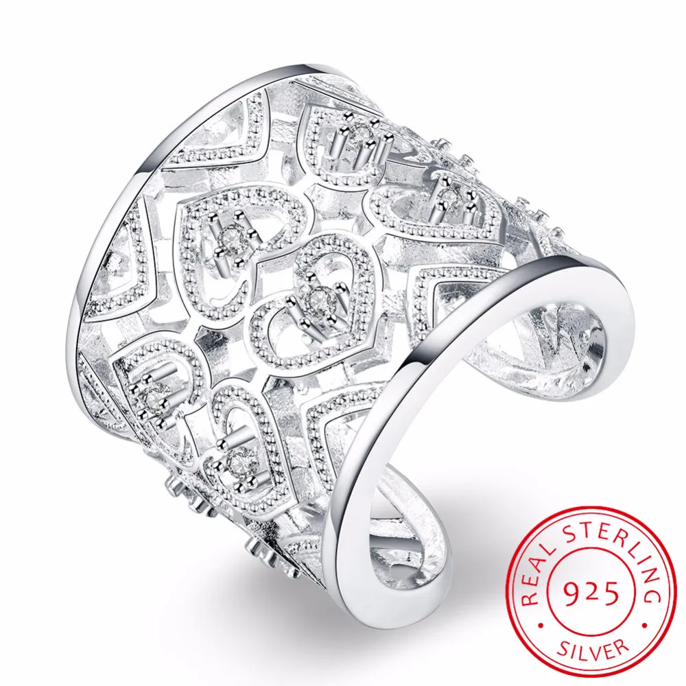 

New Popular 925 Sterling Silver Jewelry Fine Big Wide Fresh Fashion Simple Heart-shaped Love Hollow Open Hole Rings
