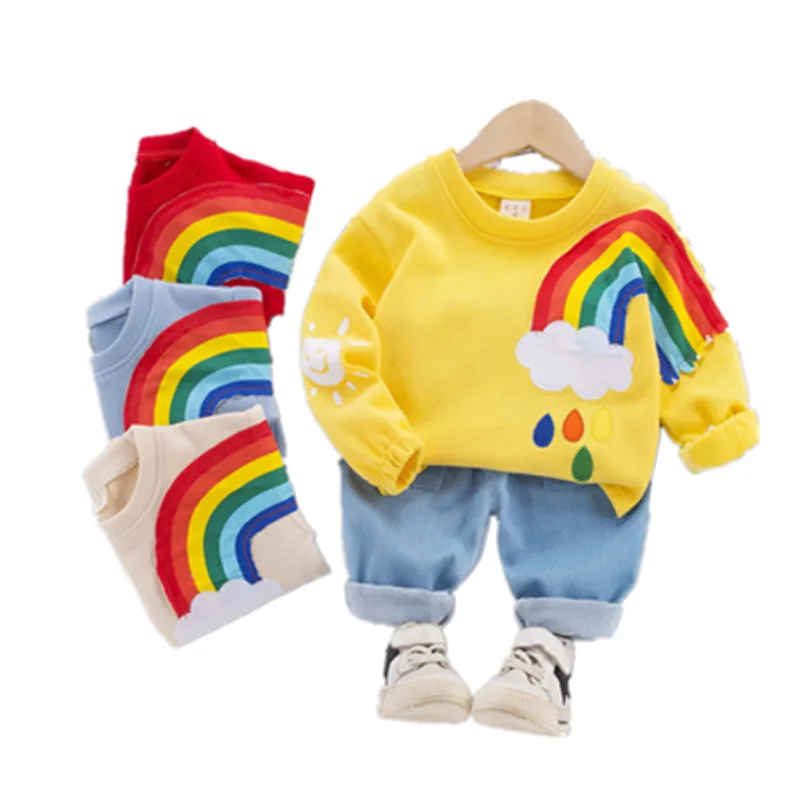 

Baby1-4 clothes autumn children's sweater suit cotton long-sleeved cartoon sun rainbow dinosaur clothes jeans boy two-piece suit