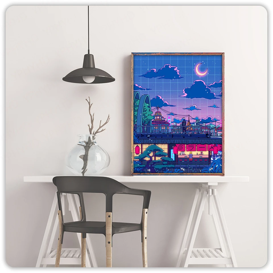 

Canvas Wall Art HD Cartoon View Street Prints Poster Home Decoration Night Tree Cute Painting For Bedroom Modular Pictures Frame