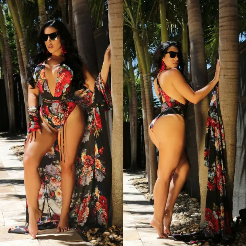 

Women Floral Bikini Beachwear Cover Up Beach Dress Summer Bathing Suit Tops Set